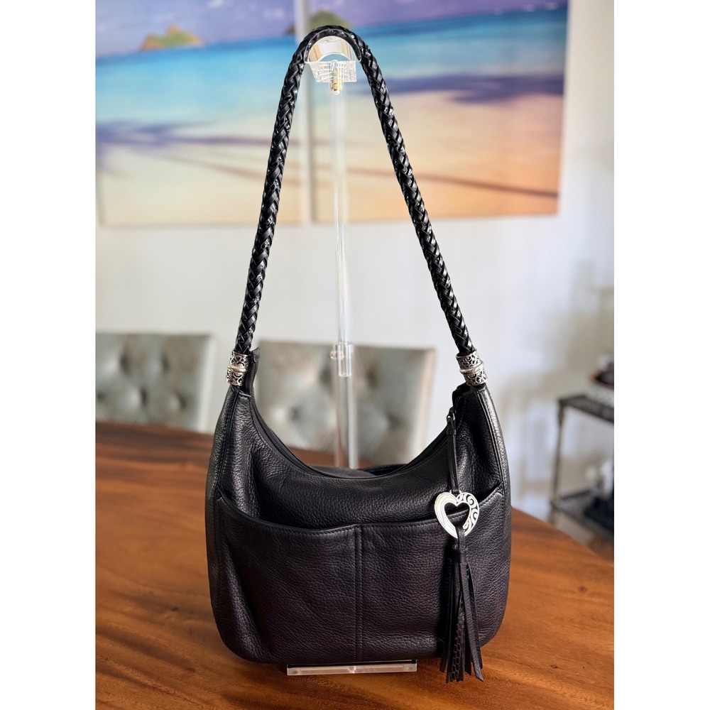 Brighton Barbados Pebbled Leather Shoulder Bag Braided Strap Tassel Y2K Black
